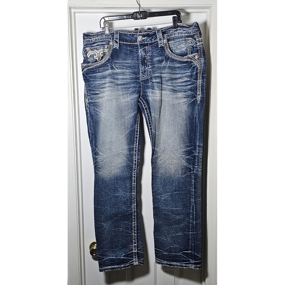Rock Revival Men's Jeans Size 40 Straight Leg Distressed Embroidered Blue
